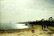 Eugene Jansson, kustlandskap med figurer och hund pa sandstrand